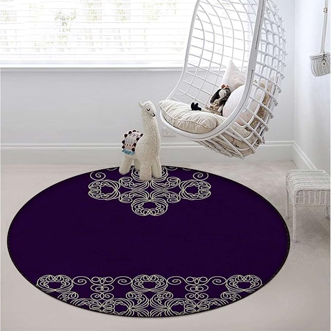 Victorian Style Round Area Rug for Bedroom Living Room Study Playing Non-Slip Floor Mat Carpet Home Decor Rugs Mandala Vintage OrnamentPurple Yellow Diameter 43.3 in