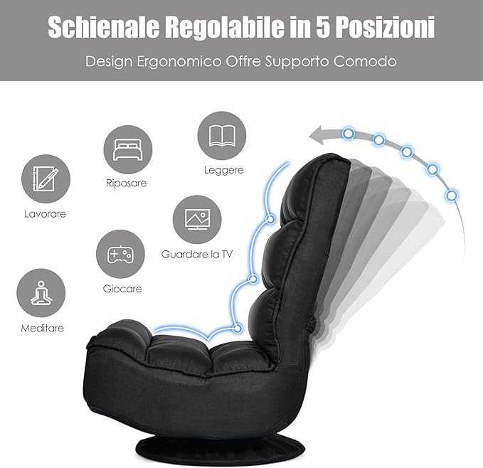 Rainfally 360-Degree Swivel Floor Sofa Chair Folding Gaming Chair w/ 5-Position Adjustable Backrest &amp Comfortable Sponge Padded Lazy Sofa Lounge Chair for Reading TV Watching or Gaming (Black)
