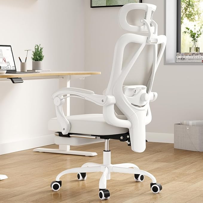 Ergonomic Office Chair with Footrest 135° Reclining High Back Mesh Desk Chair with Adjustable Lumbar Support &amp Headrest for Home Office Gaming and Nap 400 lbs Capacity (Beige Model D)