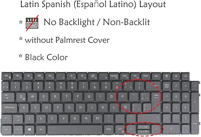 Laptop Replacement Keyboard For Dell Inspiron 3510 3511 3515 3520 3521 3525 3530 3535 5510 5515 5518 7510 7610 P106F P112F Backlit No Palmrest (Latin Spanish Layout (LA Español Ñ) No Backlit Black)
