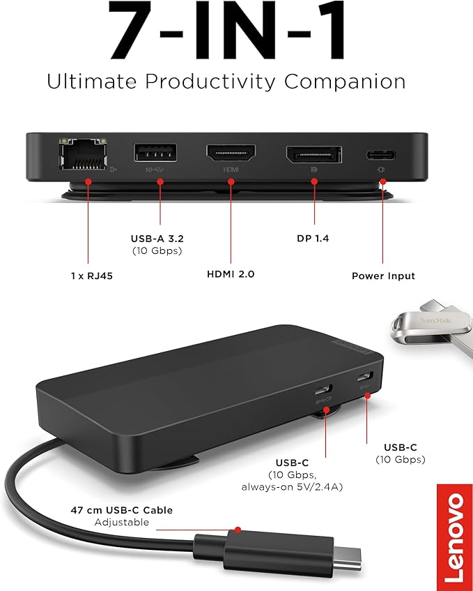 Lenovo USB-C Dual Display Travel Dock w/ 100W Power Adapter - 7 Ports Integrated USB-C Cable Universal Compatibility Dual Displays at 4K - Black