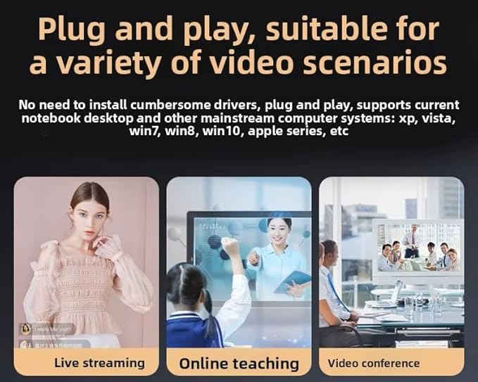 FHD 4K Webcam with AutoFocus USB Desktop Camera Black Webcam Built-in Microphone for Video Conferencing Online Meetings Universal Tripod-Ready Clip fits laptops and LCD Monitors.