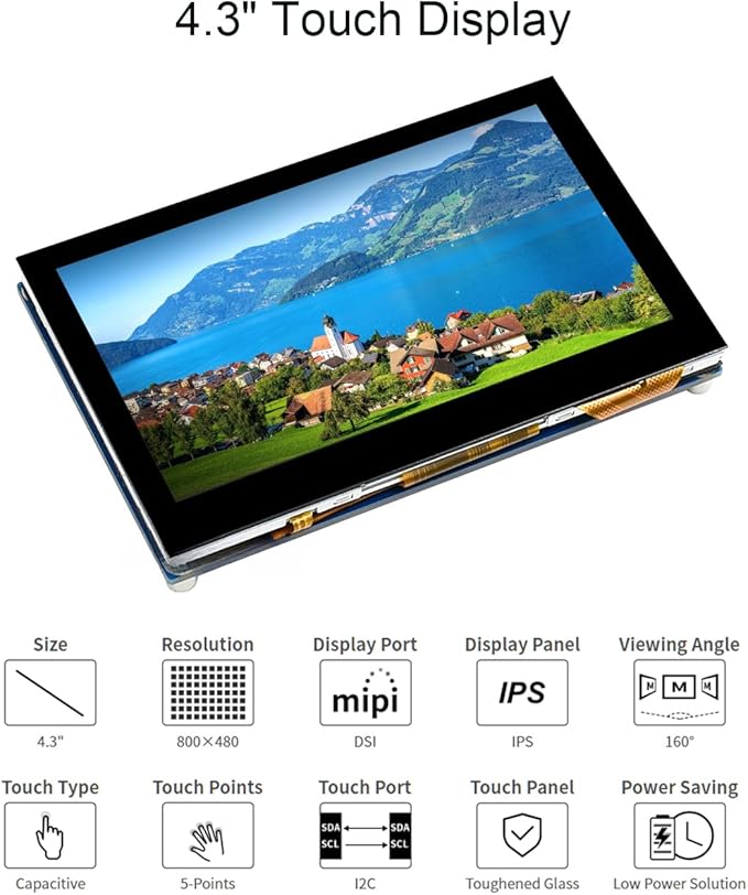 waveshare 4.3 inch DSI LCD Display for Raspberry Pi 4B/3B+/3A+/3B/2B/B+/A+/Compute Module 3+/3/4 800×480 Touchscreen Capacitive IPS Screen Monitor Support Raspbian/Ubuntu/Kali /WIN10 IoT/Retropie