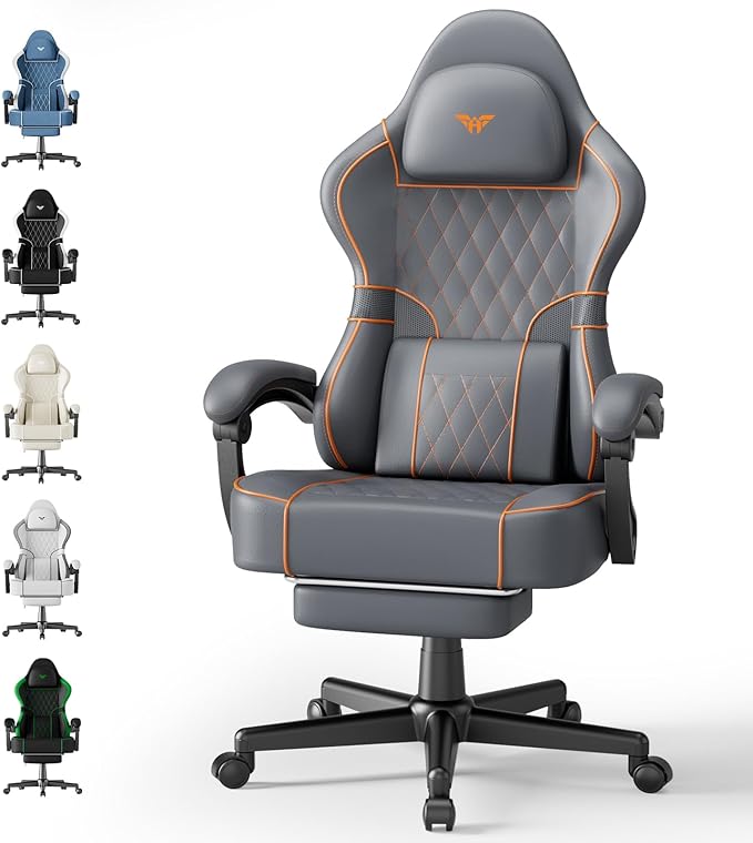 Ferghana Gaming Chair Leather Comfortable Computer Chair with Footrest and Linkage Armrest Ergonomic High Back Game Chair with Massage Lumbar Support for Adult Grey