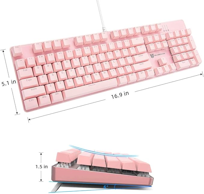 Full Size Wired Mechanical Gaming Pink Keyboard | Red Switch 104 Keys US Layout Full Size Pink PC Gaming Keyboards | Hot Swappable LED Backlit Light Up Wired Mechanical Computer Keyboards