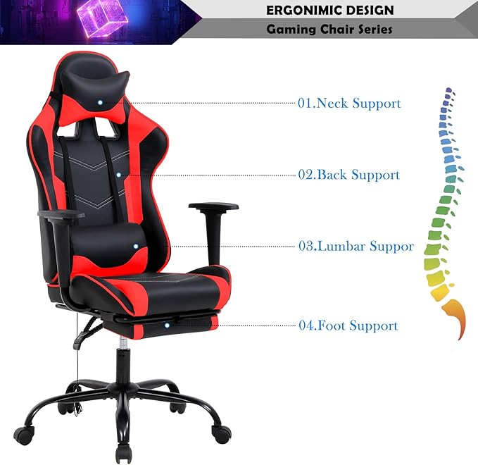 High Back Gamer Chair Adjustable Computer Gaming Chair Leather Lumbar Support Chair with Headrest and Footrest Ergonomic Rolling Office Desk Chair Game Chair for Adults Teens Kids Men Women Red
