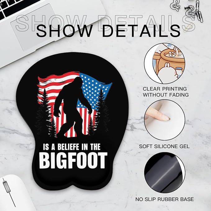 Mousepad Believe in The Bigfoot America Flag Sasquatch Ergonomic Wrist Support Non-Slip Base Mouse Mat with Wrist Rest Computer Mousemat for Desk Work Accessories Pad