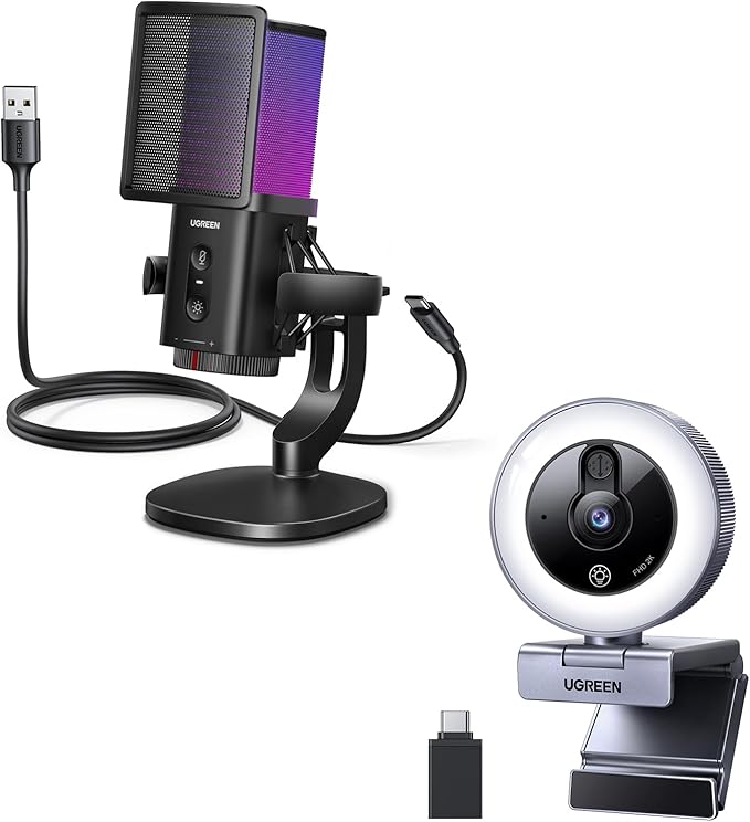 UGREEN 2K Webcam with 4-Level Ring Light Bundle with Gaming Microphone for PC 24bit/96kHz