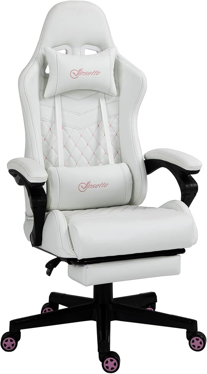White Racing Gaming Chair Diamond with Footrest Headrest and Lumbar Support PU Leather Office Gamer Chair High Back Swivel Recliner Adjustable Height for Office or Gaming