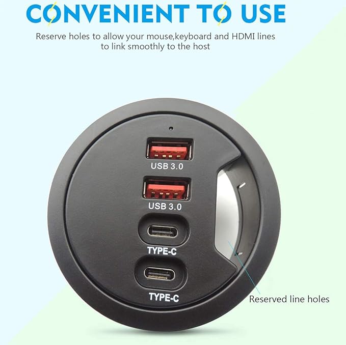 Grommet Desk-Fit USB 3.0 Hub (Diameter 2.36 or 60MM) 2 Port Type A&amp2 Port Type CCompatible Charging and Data Transmission