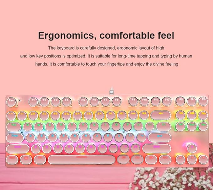 Mechanical Gaming Pink Keyboard87 Key Retro Punk Typewriter-StyleBlue Switch RGB Backlit KeyboardAnti-Ghosting USB Wired for PC Laptop Desktop Computer for Game and Office