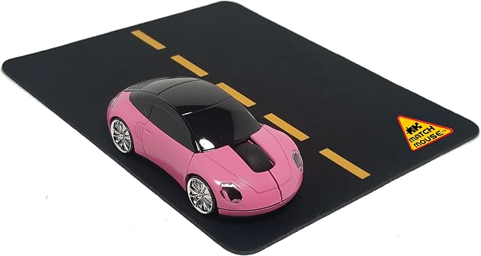 Wireless Car Mouse + Car Mousepad Combo – 2.4GHz Optical Wireless Mouse Cute Novelty Gift for All Ages Ergonomic Design USB Receiver Working Headlights (Pink)