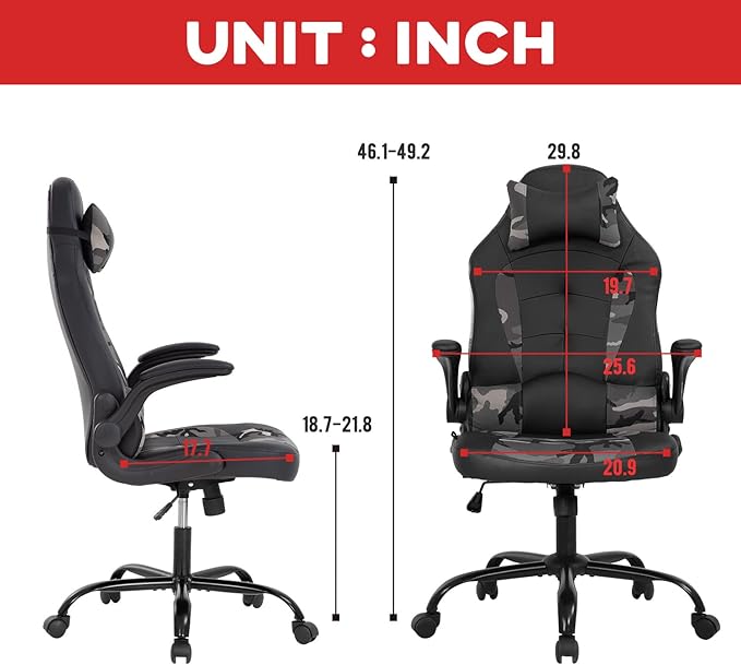 Gaming Chairs for Adults PU Leather Swivel Rolling Adjustable Game Chair with Lumbar Support Flip Up Arms Headrest for Adults Women Men Video Game Chairs Ergonomic Gaming Chair