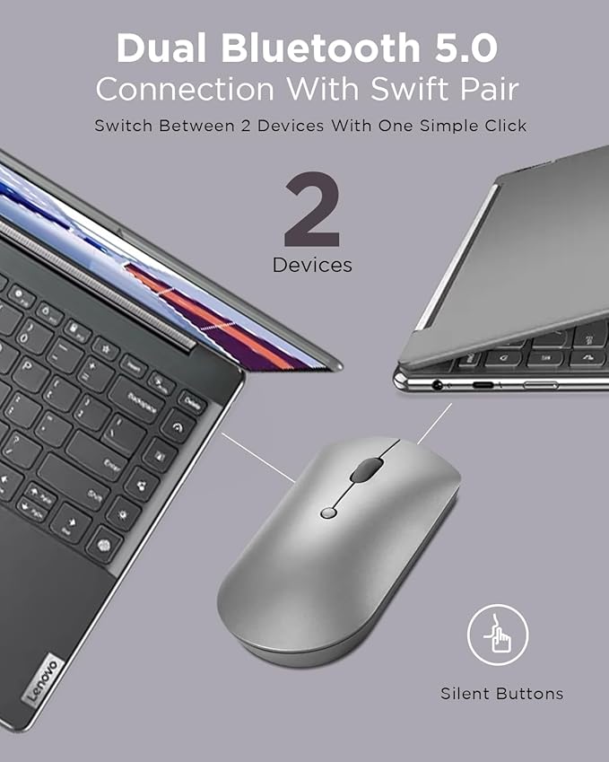 Lenovo 600 Bluetooth Silent Mouse Blue Optical Sensor Adjustable DPI 4 Button Microsoft Swift Pair Windows Chrome GY50X88832 Gray