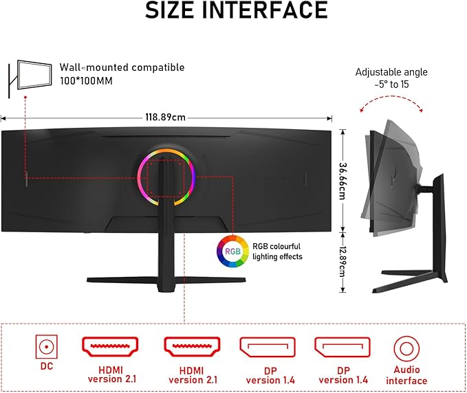Gawfolk 49 Inch Curved Gaming Monitor 120hz1500R PC Monitor Built-in Speakers DQHD 5120x1440 Computer Screen for Home Office Business DP HDMI Support Wall Mount 75x75mm