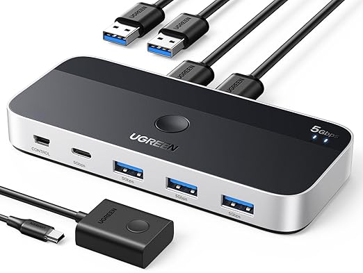 UGREEN USB 3.0 Switch 2 Computers Sharing USB C &amp A Devices 4 Port USB Switcher Sharing Keyboard and Mouse Printer/Scanner USB Switch Hub for Two Computers with 2 USB3.0 Cables and Remote