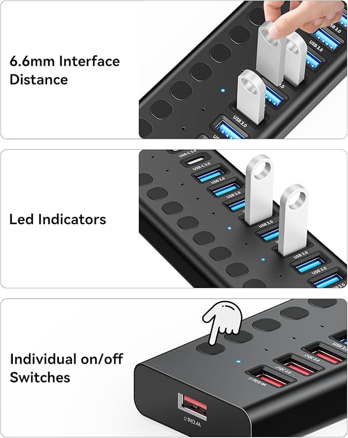 Powered USB Hub AGEEN 16-Port USB 3.0 Hub (10 USB-A 3.0+2 QC 24W Fast Charging+2 Smart Charging+2 USB-C 3.0 Ports) 12V/8A 96W UL Certified Power Adapter for PC Laptop HDD Flash Drive (16-Port)