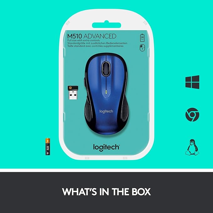 Logitech M510 Wireless Computer Mouse – Comfortable Shape with USB Unifying Receiver with Back/Forward Buttons and Side-to-Side Scrolling Blue