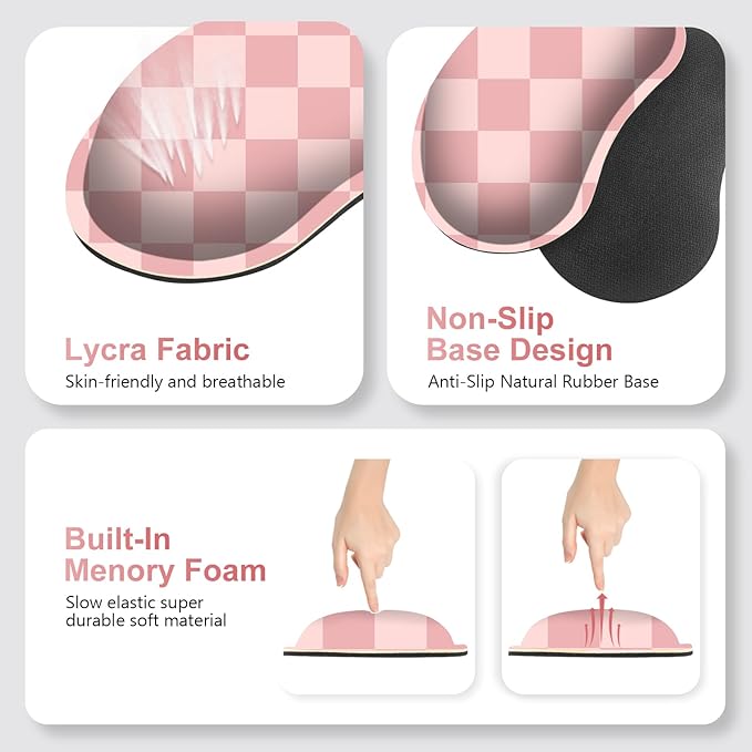 Soft Pink Checkerboard Mouse Pad Set 4 in1 Ergonomics Keyboard Desk Mat with Memory Foam Wrist Rest Extended Game Mousepad Non-Slip Large Gaming Desk Pad Matt Easy Typing Pain Relief