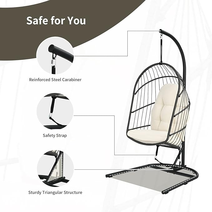 Office Chair Gaming Chair Computer Chair Hanging Wicker Egg Chair w/Stand Cushion Foldable Outdoor Indoor Beige