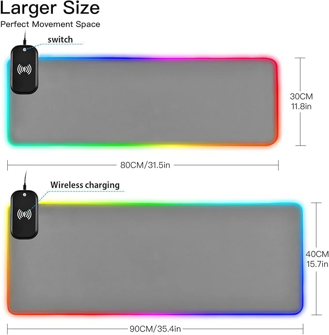 Grey Mouse Pad Gaming Mousepad Non Slip Desk Mat Wireless Charging Computer Mouse Pads RGB Keyboard Pad Mats for Home Desktop Office 35.4 x 15.7 in