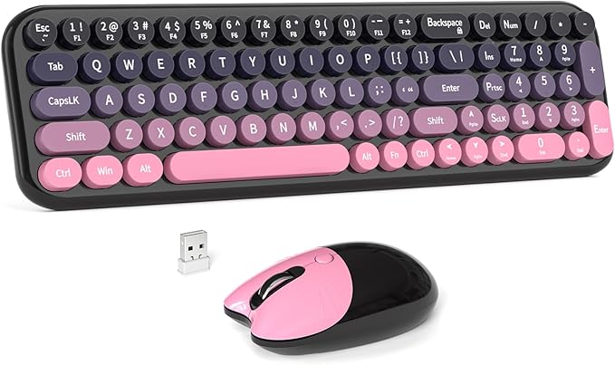 Wireless Keyboard and Mouse Combo MOWUX Compact Typewriter Retro Round Computer Keyboard Cute Optical Mouse Wireless Plug and Play for Laptop PC Computer- Plum Pink Gradient