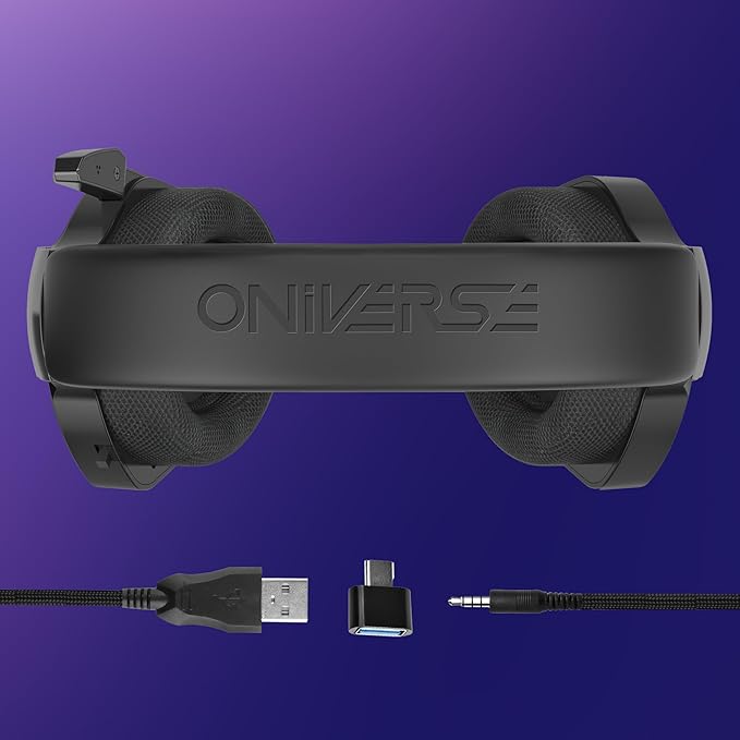 Oniverse Wired Gaming Headset with Adjustable Microphone Compatible with PS5 PS4 Switch Xbox PC Mac LED Gaming Headset 50mm Speakers Comfortable and Breathable Wired Jack – Meteor (Carbon Black)