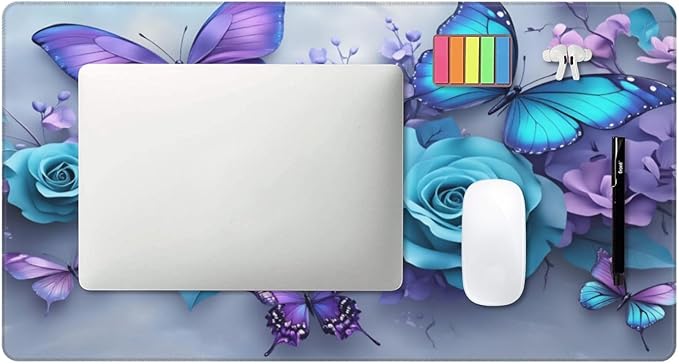 Purple Butterfly Blue Rose Desk Cover MatExtended Large Mouse PadComputer Laptop Mat Desk Decor for Office Game Home 30x16 Inch