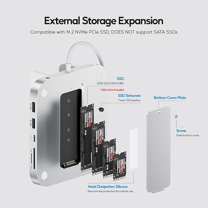 Mac mini M4 Dock with 4TB M.2 SSD Enclosure 8-in-1 Aluminum Vertical USB-C Hub for Mac mini M4 Pro Hub Stand with USB-A/C 3.2 10Gbps 2xUSB-A 2.0 3.5mm Audio SD/TF (SSD NOT Included)