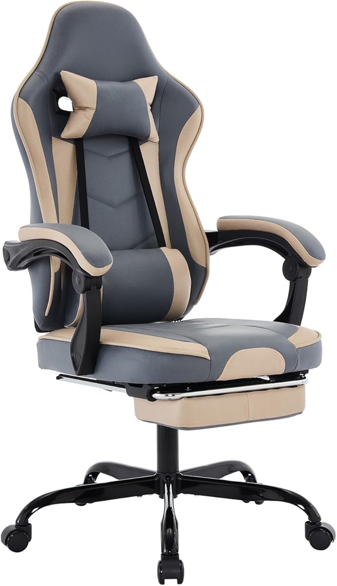 Leather Ergonomic Gaming Chair with Footrest Comfy Beige Gaming Chair with Comfortable Headrest &amp Lumbar Support for Adults Kids Women Men Boys 300 LBS Capacity (Beige+Blue)
