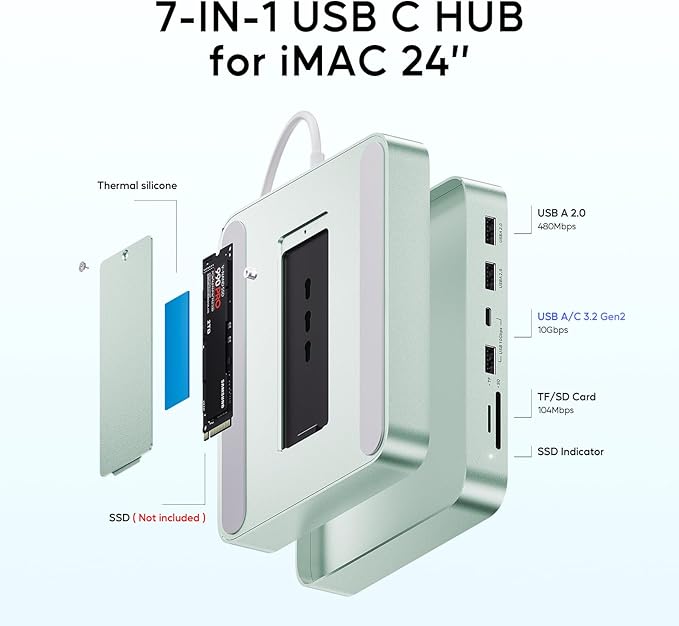 USB C HUB for iMac 24 inch 2021/2023/2024 USB Hub Adapter iMac Accessories for iMac M1/M3/M4 with USB C 10Gbps 3*USB A SD/TF Docking Station Support Expand M.2 SSD (Not Included) Green