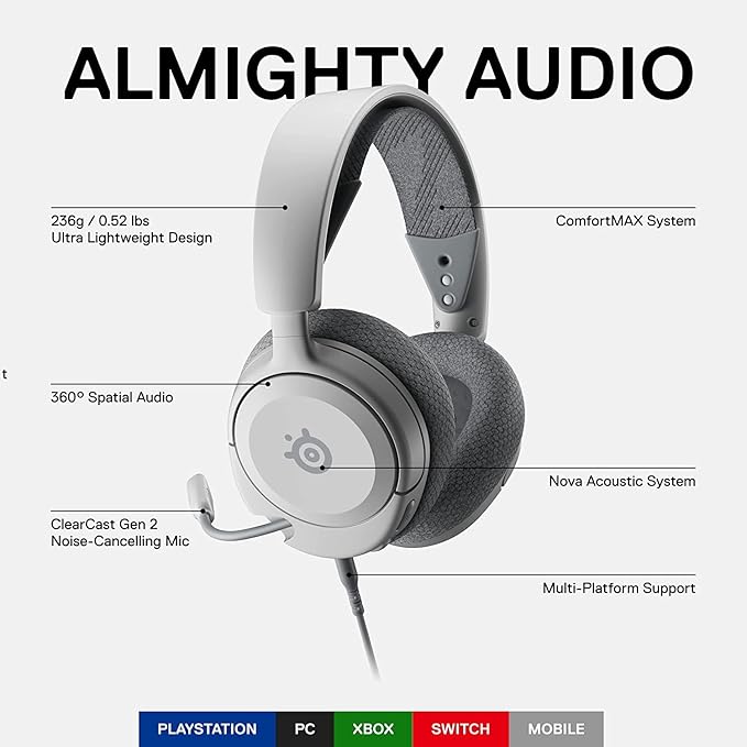 SteelSeries Arctis Nova 1P PS5 Headphones - Gaming Headset - 360° Space Sound - Memory Foam Ear Pads - Noise Cancelling Microphone - Also for PC PS4 Switch Xbox - White