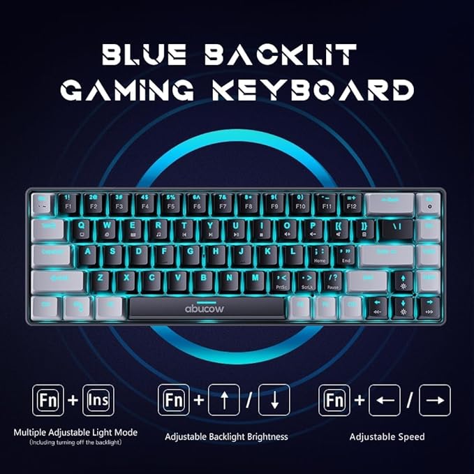 abucow 65% Mechanical Gaming KeyboardBlue Switch Wired Compact Keyboard with Blue Backlight Swappable Gray Black Keycaps for Windows/Mac
