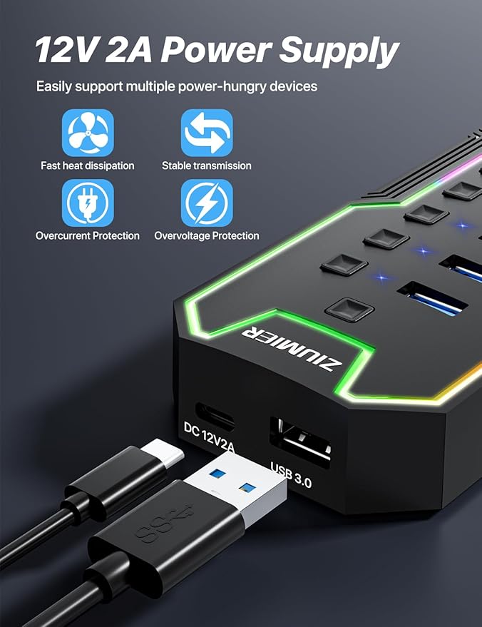 ZIUMIER Powered USB Hub 10 Ports USB 3.0 Hub with RGB LED Strip and 12V/2A Power Adapter USB ExtensionIndividual LED On/Off Switches for Mac PC Desktop Flash Drive Mobile HDD