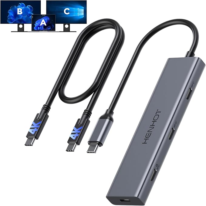 USB C Video Splitter Dual Monitor 4-Port Docking Station with USBC 3.2 Gen 2 10Gbps Supports USB-C PD Monitor Portable Screen Video Output 4K@30-60Hz100W PD for Win/Chrome Laptop AR Glasses