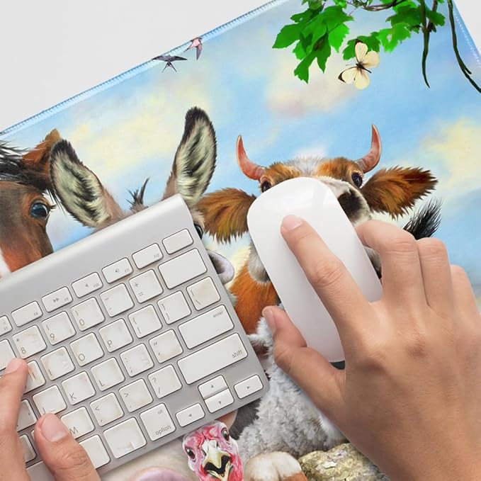 Farm Selfie Horse Pig Chicken Donkey Cow Sheep Large Gaming Mouse Pad Desk Mat with Stitched Edges Non-Slip Base