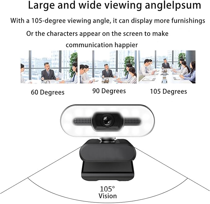 1080P HD Webcam with Microphone 120° Wide Angle Camera with Adjustable Ring Light Auto Focus Laptop USB Webcam for Video Calling Recording