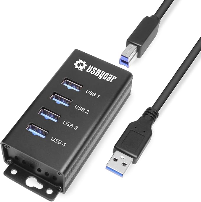 USBGear 4 Port USB Hub 3.2 Gen 1 – Mountable SuperSpeed Data Hub with USB Ports for Laptop PC Desktop and More 5V/2A Power Adapter with Type-A to Type-B Cable (3ft) Computer Accessories