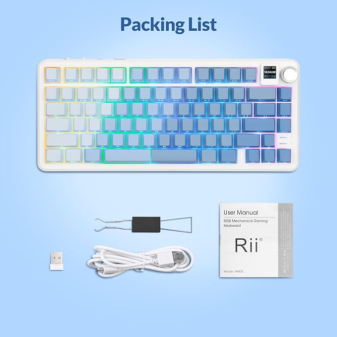 Rii RK805 Wireless Gasket Mechanical Keyboard with TFT Screen and Knob75% Creamy Gaming Keyboard with RGB BacklightTri-Mode BT/2.4G/USB-CHot Swappablefor Windows/Mac/Linux(Blue Gradient)