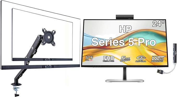 HP Series 5 Pro 24 FHD IPS Monitor with 5ms Response Time Anti-Glare Flicker Free 350 nits Brightness VESA Mount (100mm) Displayport HDMI Black/Silver w/DKZ Hub &amp ErgoFlexy Single Mount Ar