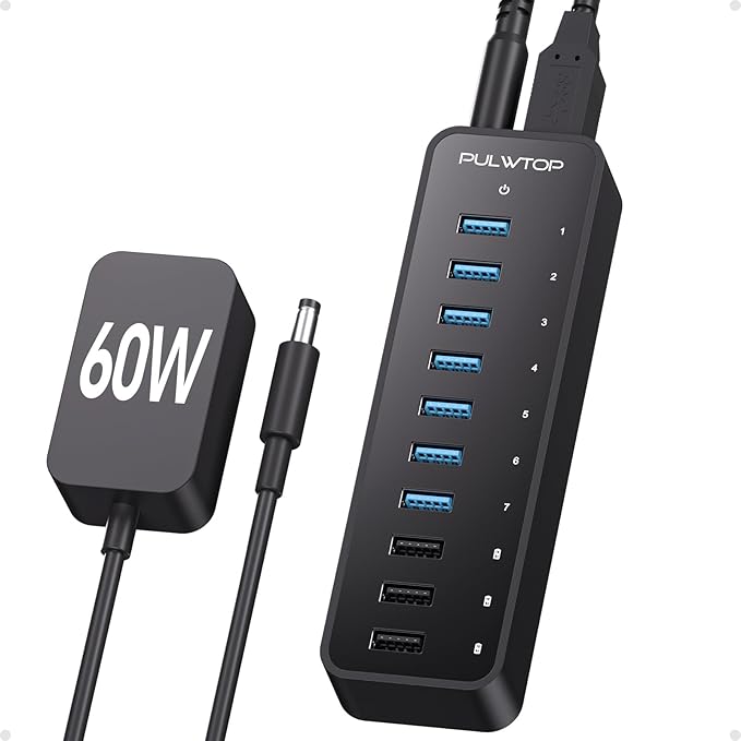 USB 3.0 Hub 10Ports USB-Hub with 7 USB-3.0 &amp 3 BC1.2 Ports Multi USB 60W Data Hub Compatible for USB A Laptops PC All USB Devices Mobile and HDD USB 3.1 Splitter