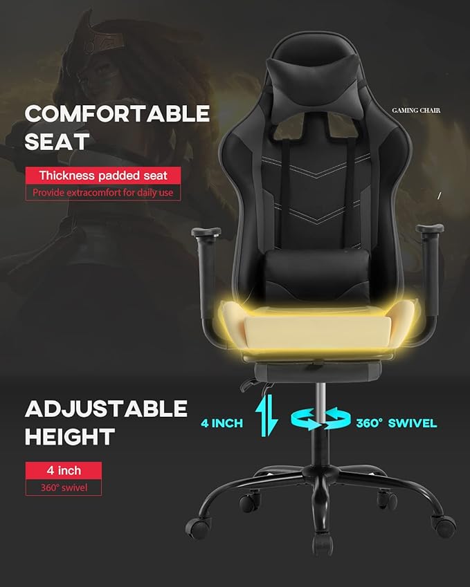 Ergonomic Big and Tall Gaming Chair - Massage Function Lumbar Support Footrest &amp Armrest - PU Leather Racing Style Chair for Adults