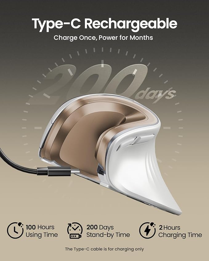 ProtoArc Ergonomic Mouse EM11 NL Bluetooth Rechargeable Wireless Vertical Mouse 3 Multi-Device Connectivity for Computer/PC/Laptop 2.4GHz USB-A Optical Mice for Windows Mac OS White Gold