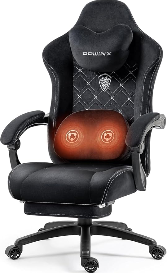 Dowinx Fabric Gaming Chair with Heated Massage Lumbar Support Game Chairs for Adults Big and Tall Gamer Chair with Pocket Spring Cushion High Back PC Chairs with Footrest Black