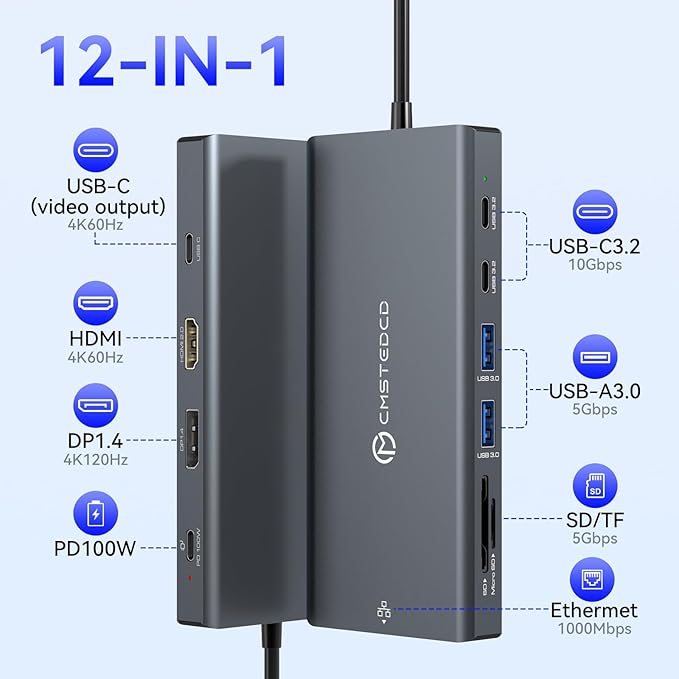 Laptop Docking Station 3 Monitors 4K@120Hz DisplayPort 4K@60Hz HDMI 4K@60Hz USBC12 in 1 USB C Video Output for Multiple Monitor Dock USB A 3.0 USB C 3.2 10Gbps Ports 100W PD SD/TF