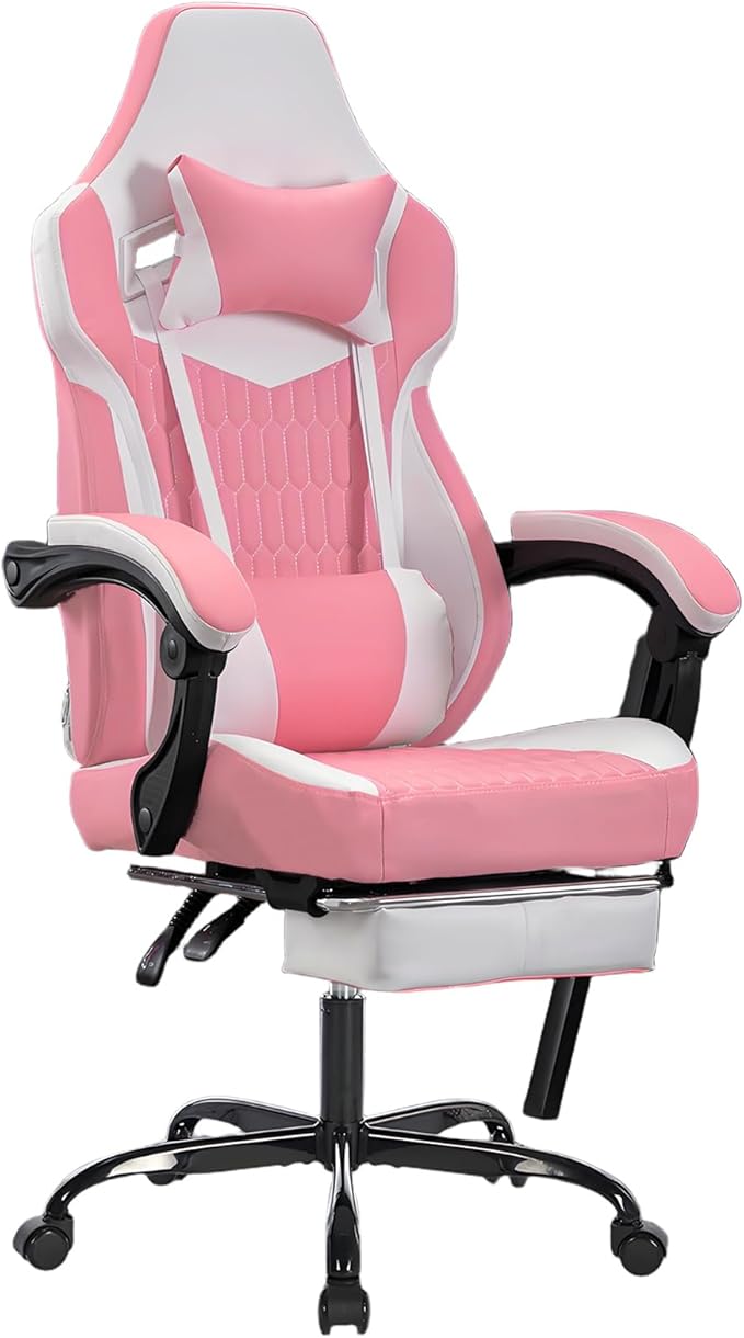 Ergonomic Gaming Chair with Footrest Pink Gaming Chair for Adults Girls Women Video Game Chairs with Wheels &amp Lumbar Support 300 LBS Capacity (Pink)