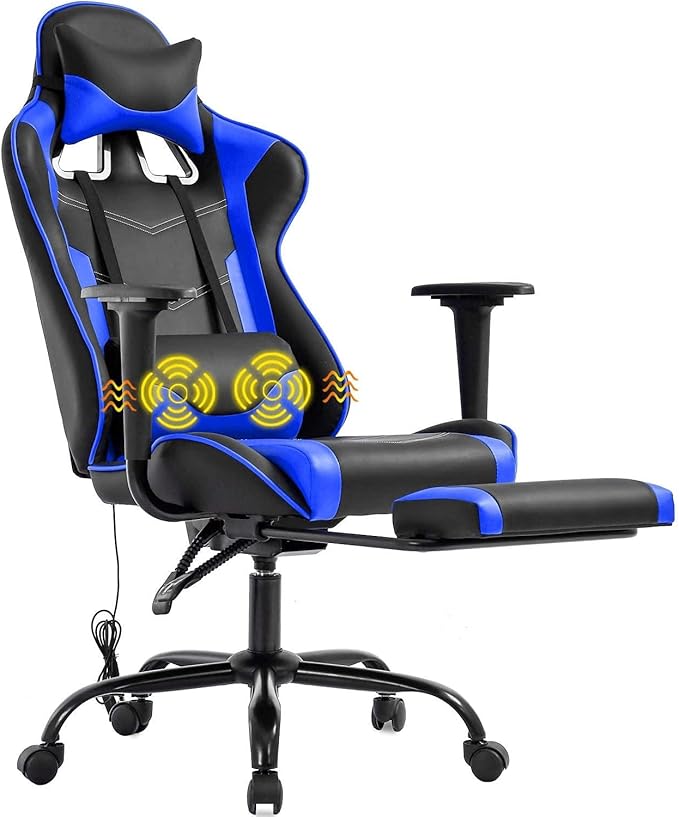 Ergonomic Gaming Chair for Adults Adjustable High-Back Computer Desk Chair with Lumbar Support and Footrest Leather Office Chair for Gaming Big and Tall Comfy Gamer Chair(Blue)