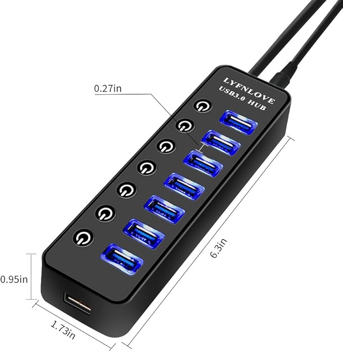 Powered USB Hub 3.0 Extender Multiple Port Hub Splitter for Laptop PC with Power Adapter and Charging Port USB Expander with On/Off Switches for MacBook iMac Surface Pro