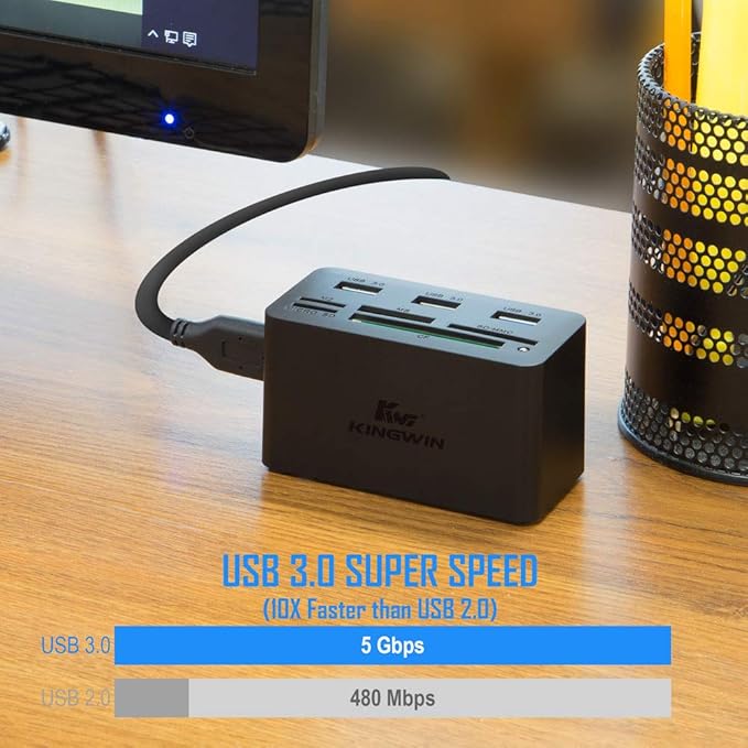Kingwin USB HUB Adapter w/ Memory Card Reader Writer &amp USB 3.0 HUB Combo - Supports High Speed SD MS Micro M2 CF Card Reader For Macbook Laptop Desktop - Includes USB Cable 5 Gbps Speed Black