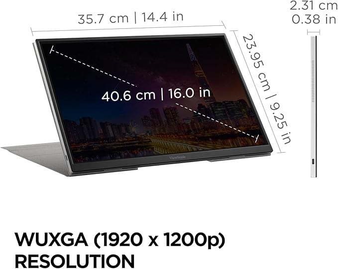 ViewSonic VG1656N 16 Inch 1200p IPS Wireless Portable Monitor with 2 Way Powered 60W USB C Built-in 4000 mAh Battery and Stand with Smart Cover